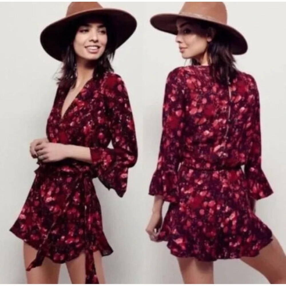 Free People‎ All the Right Ruffles Boho Romper Berry Combo Maroon Bell Sleeve S